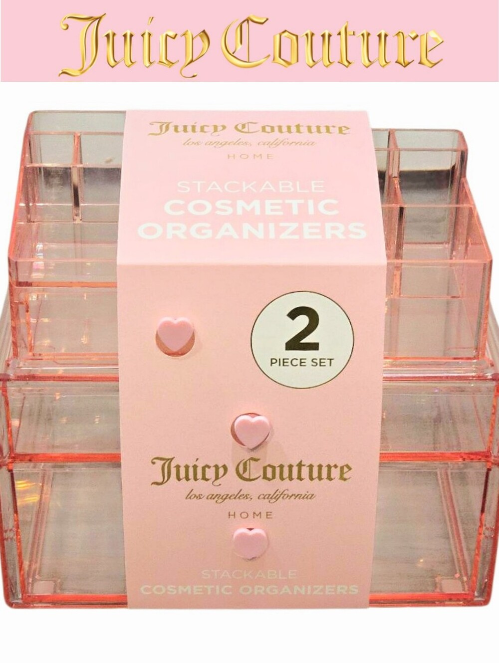Juicy Couture Home 2-PC Stackable Acrylic Makeup Organizer Set- Pink